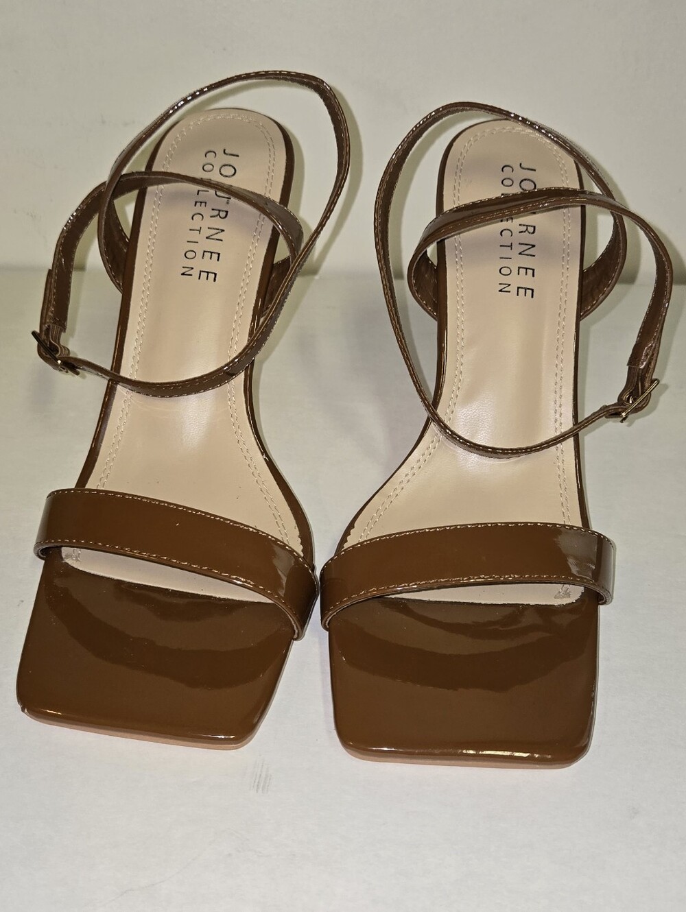 Journee Collection Brown Patent Square-Toe Ankle-Strap Heels